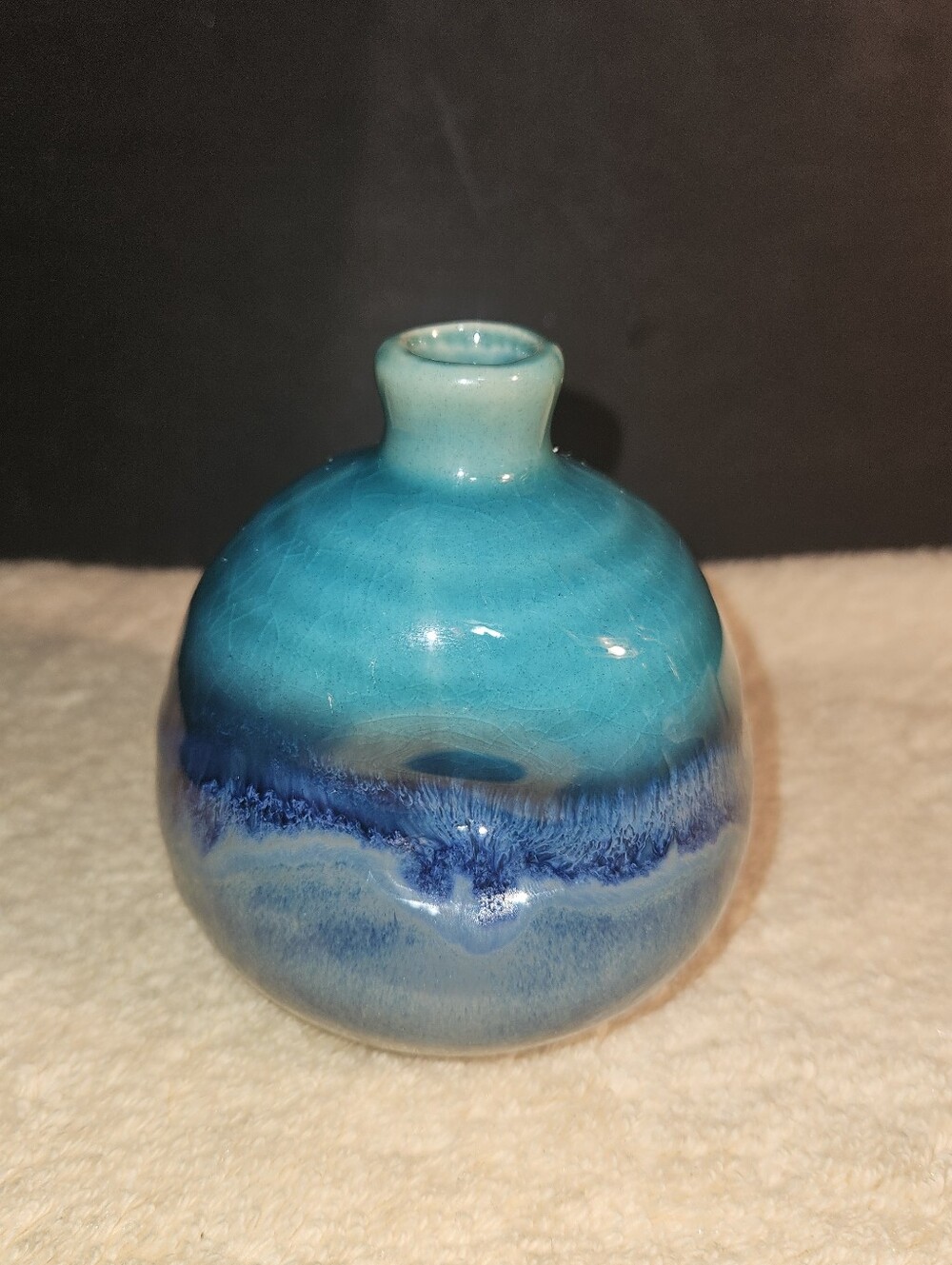Vintage Kotobuki Japanese Ceramic Mini Bud Vase Mino Ware Ocean Blue Glaze Art